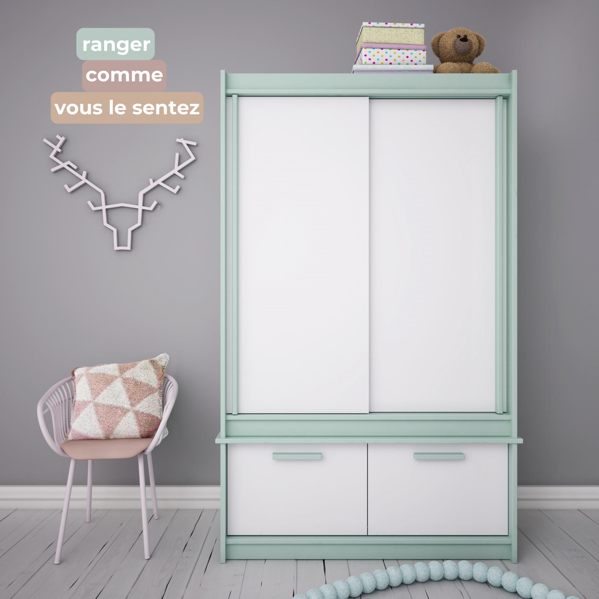 Armoire blanche et celadon avec le slogan "rangez comme vous le sentez"