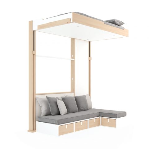 Lit escamotable double en position rangé au plafond qui dévoile une banquette Brickit avec des tiroirs rangements inclus dans la banquette et accessibles sous celle-ci avec une étégère entre piliers.