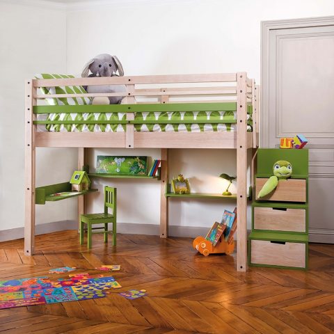 Chambre d'enfant avec un lit mezzanine Modulable chêne et vert