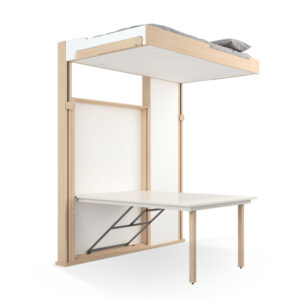 Lit escamotable DKlé rangé au plafond avec une grande table déplié sous le lit