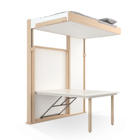 Lit escamotable DKlé rangé au plafond avec une grande table déplié sous le lit