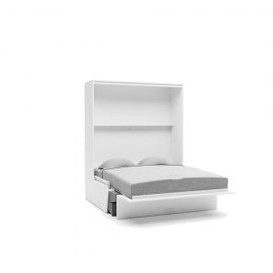 Lit armoire double Reverso en position déplié avec une étagère dans la coffre au dessus du lit.