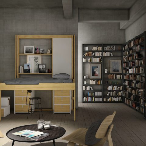 Lit escamotable DKlé avec un bureau droit et des étagère poche version nuit