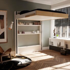 Lit escamotable Eclectique en finition blanc et pin brut en présentation dans un appartement