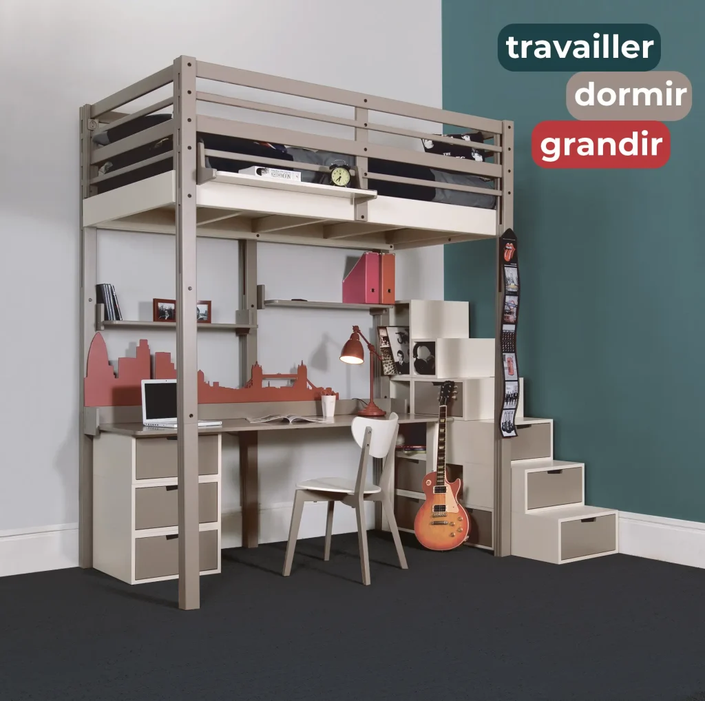 Lit mezzanine avec bureau et escalier brick pour adolescent
