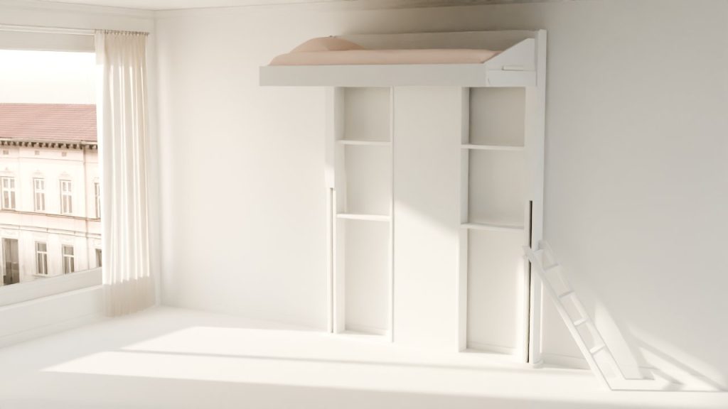 Greendeal Espace Loggia, un lit au plafond supsepndu en 90x190 éco-sourcé à 95% pour consommer plus responsable présenté dans un bel appartement.