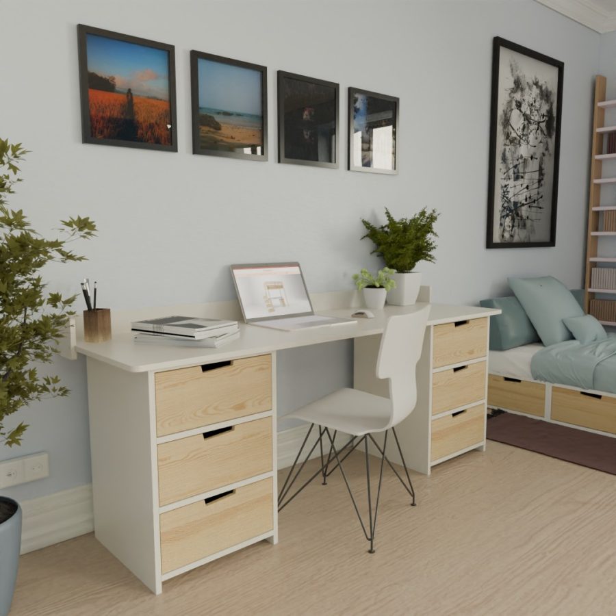Bureau avec 2 blocs 3 tiroirs, une surface de travail XXL