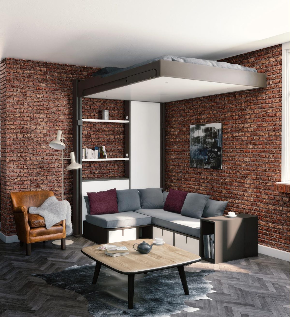 Lit escamotable Décalé banquette angle ambiance