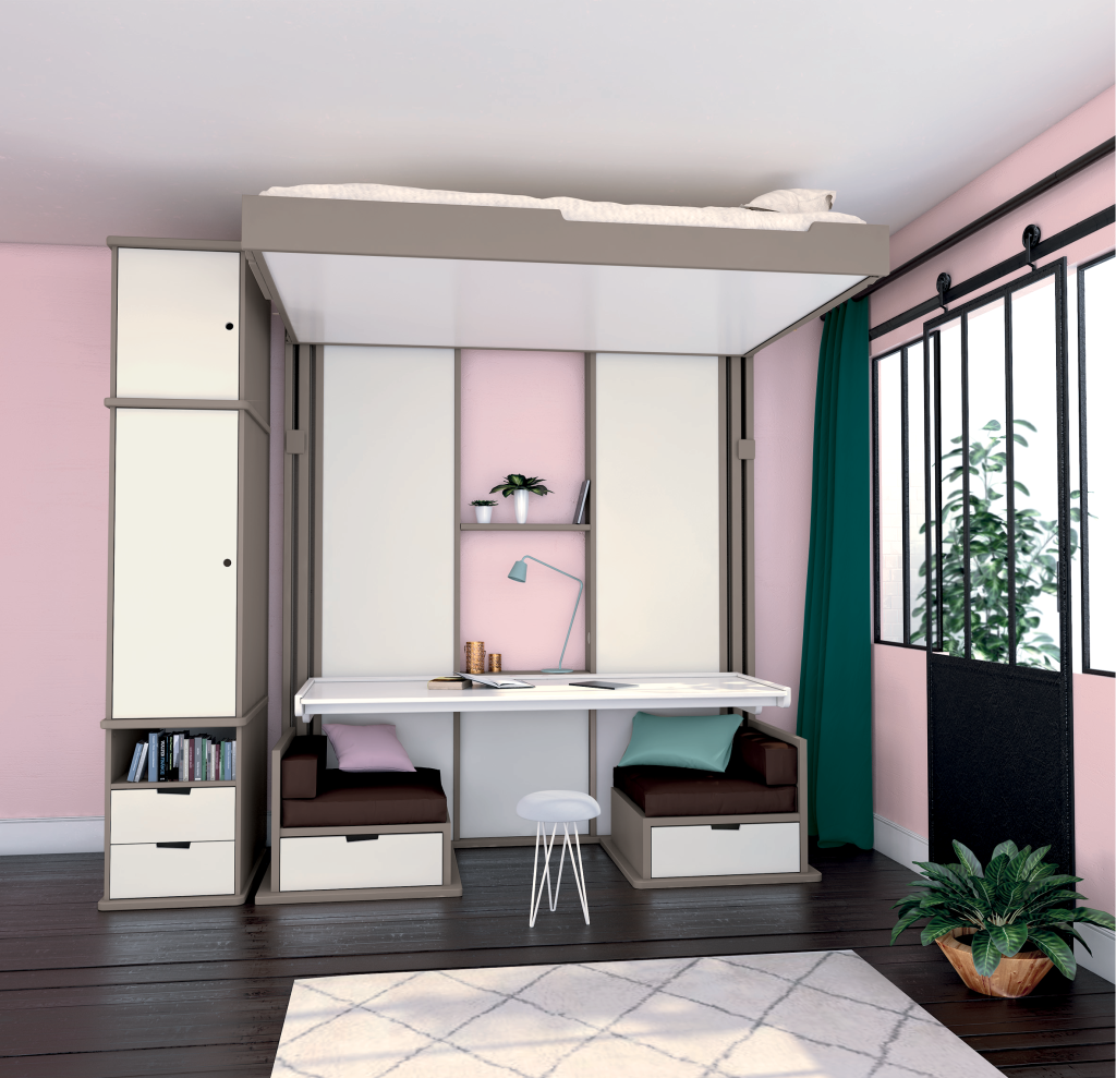 Image d'ambiance presentant le lit escamotable tryptique en mode travail