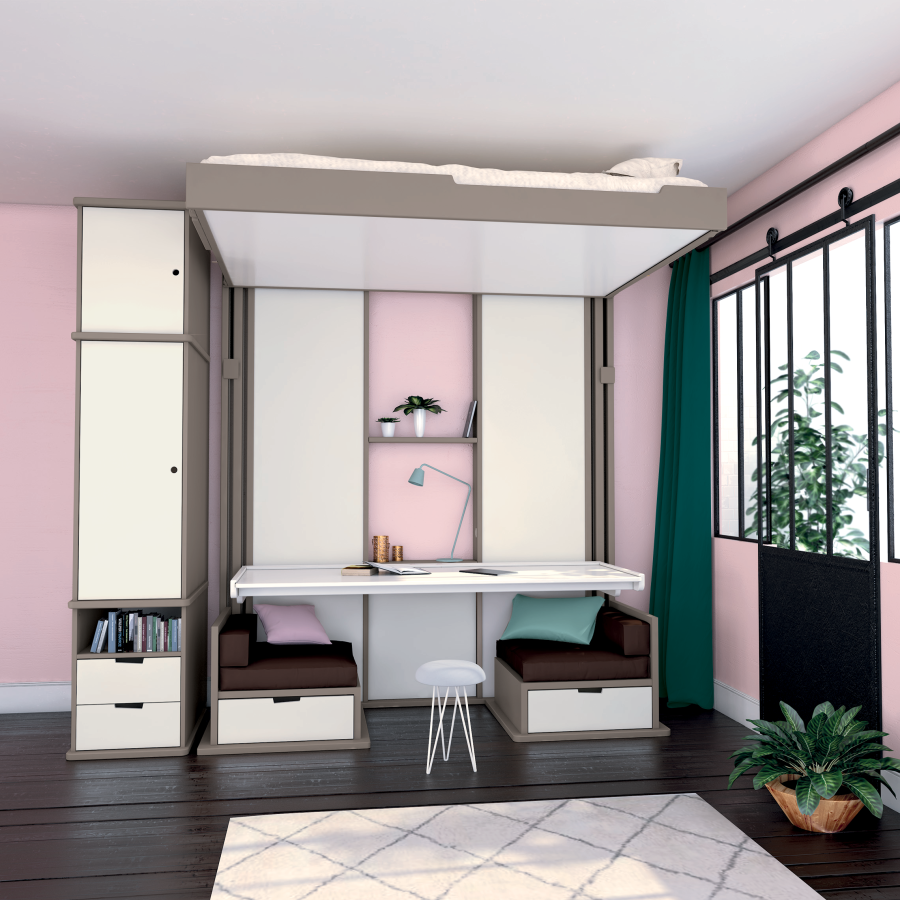 Image d'ambiance presentant le lit escamotable tryptique en mode travail