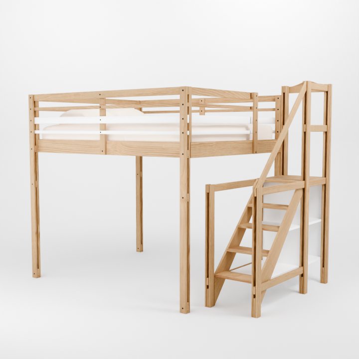 Mise en avant en version Pin massif verni du lit mezzanine Modulable avec un escalier sécurisé et design