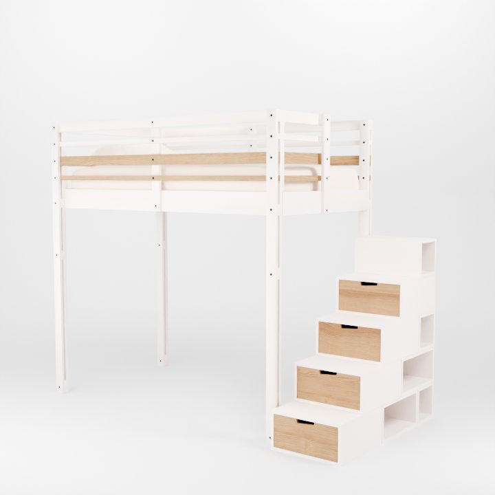 Image de variation de couleur personnalisable d'un lit mezzanine avec son accès sécurisé par escalier bloc de rangement