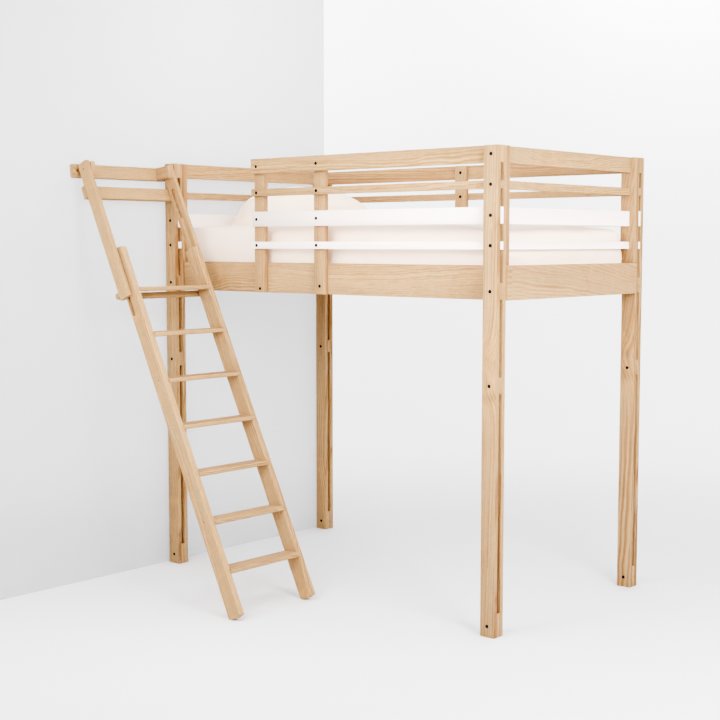 Image de variation de couleurs personnalisables du lit mezzanine Modulable présenté avec son accès gain de place : l'échelle rettractable robuste en pin massif