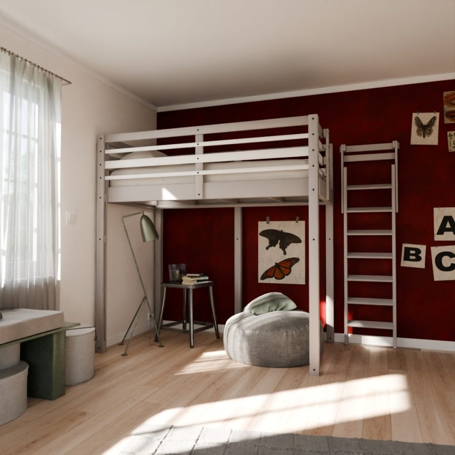 Image d'ambiance du Lit mezzanine Modulable présenté avec son accès par échelle rabattable et robuste..
