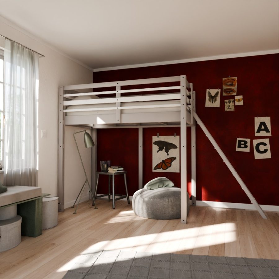 Image d'ambiance du Lit mezzanine Modulable présenté avec son accès par échelle légère et robuste..