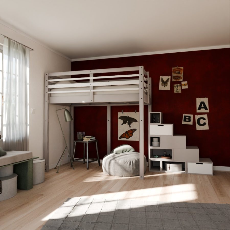 Image d'ambiance du Lit mezzanine Modulable présenté avec son accès par escalier composé de bloc de rangement.