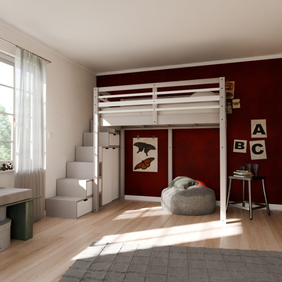Image d'ambiance du Lit mezzanine Modulable présenté avec son accès escalier traditionnel.