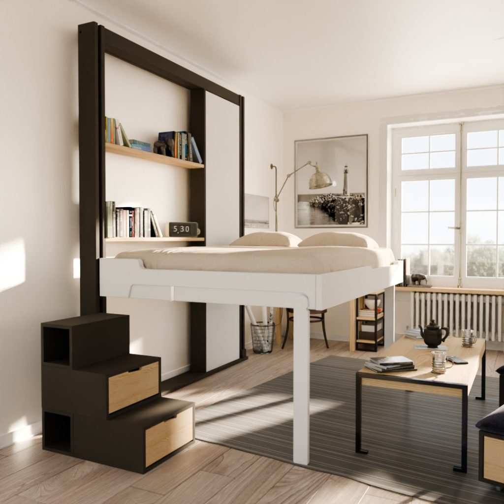 Image d'ambiance présentant la mise en situation d'un petit escalier Brick à coté d'un lit mobile