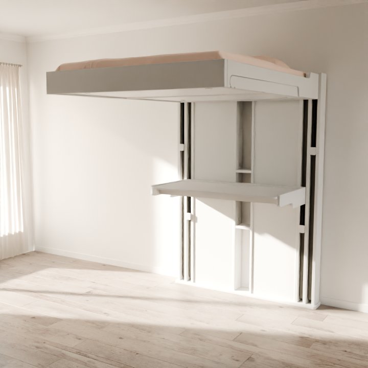 Mise en situation d'un Greendeal, modèle Triptyque en 160x190. Profitez à un tarif exceptionnel d'un lit 3 en 1 qui fait couchage, bureau et espace de loisir.
